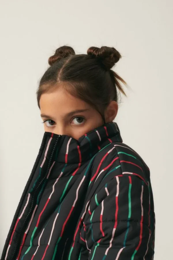 Abrigo unisex plumífero corto con estampado de rayas negro-MINI Clearance