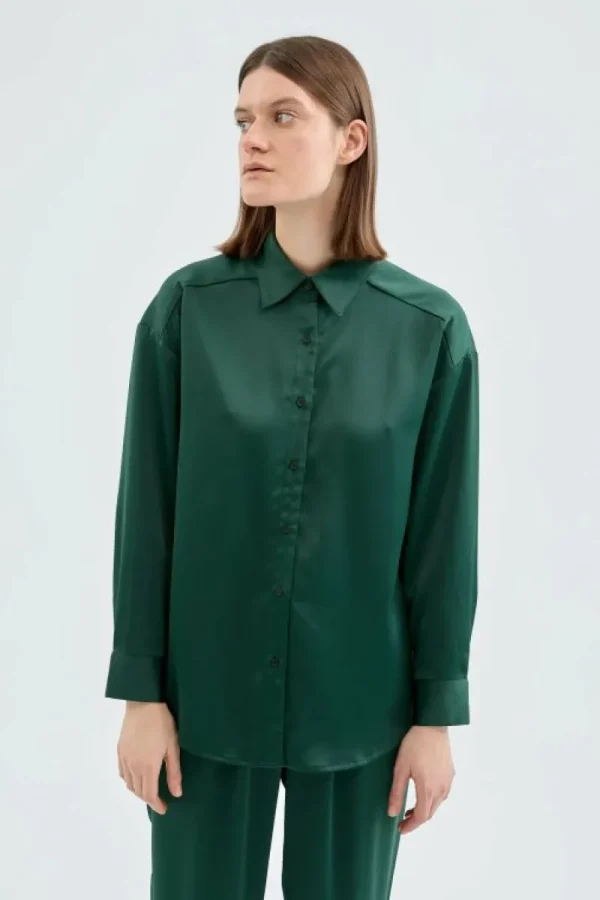Camisa de manga larga satinada verde-COMPAÑIAFANTASTICA Cheap