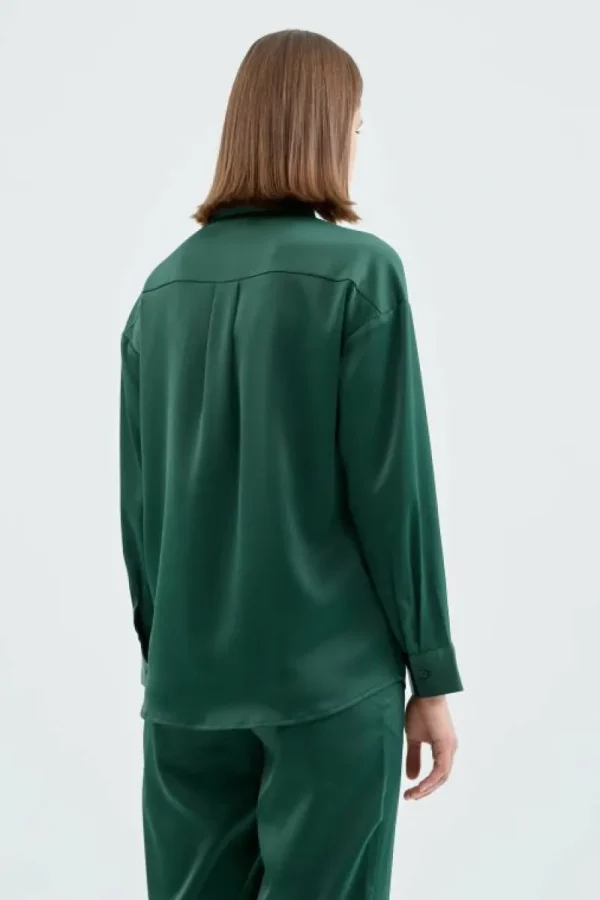 Camisa de manga larga satinada verde-COMPAÑIAFANTASTICA Cheap