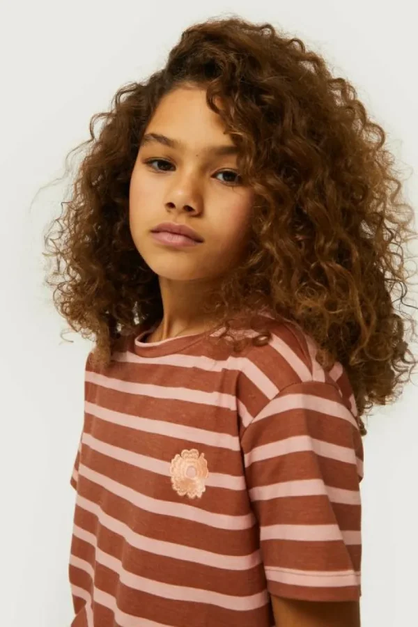 Camiseta de niña rayas parche de flor marrón-MINI Clearance