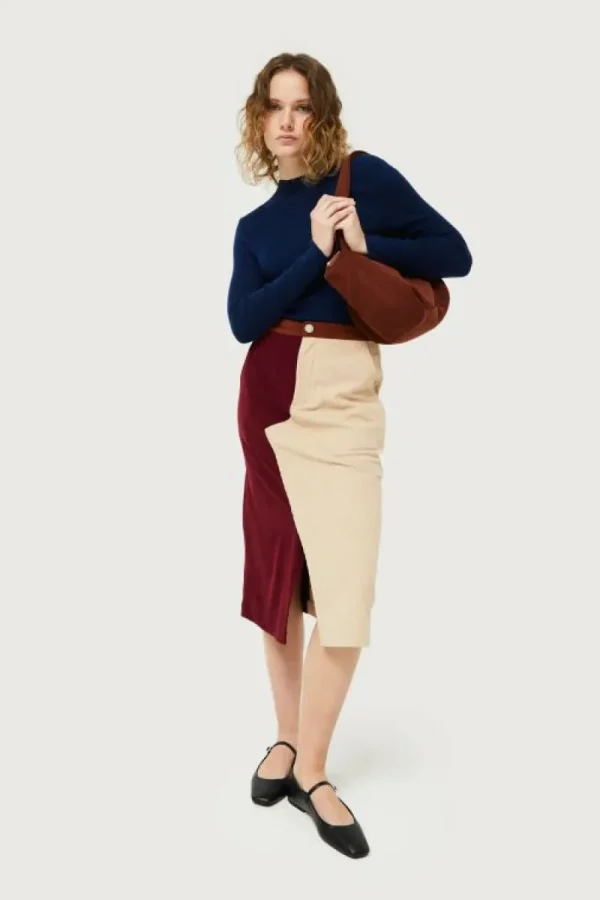 Falda midi de pana burdeos y blanca-COMPAÑIAFANTASTICA Shop