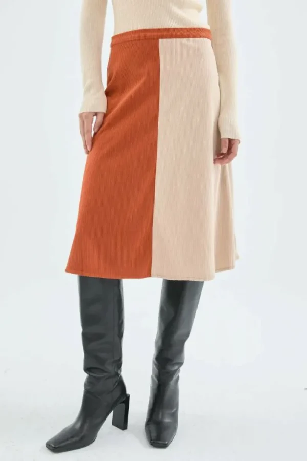 Falda midi de pana de tiro alto bicolor beige-COMPAÑIAFANTASTICA Best Sale