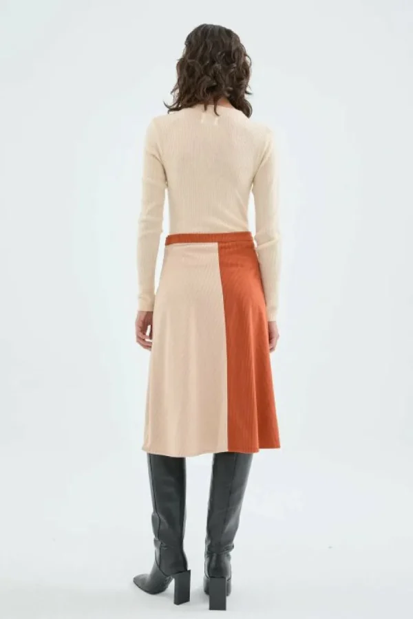 Falda midi de pana de tiro alto bicolor beige-COMPAÑIAFANTASTICA Best Sale