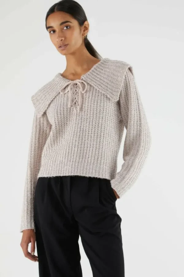 Jersey de punto brillante con cuello solapa rosa-COMPAÑIAFANTASTICA Clearance