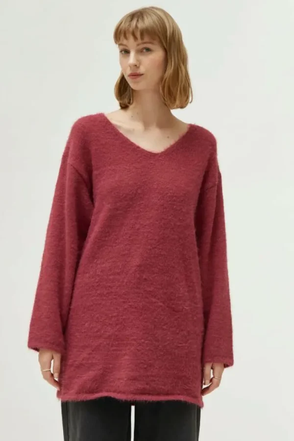 Jersey largo cuello pico marrón-COMPAÑIAFANTASTICA Sale