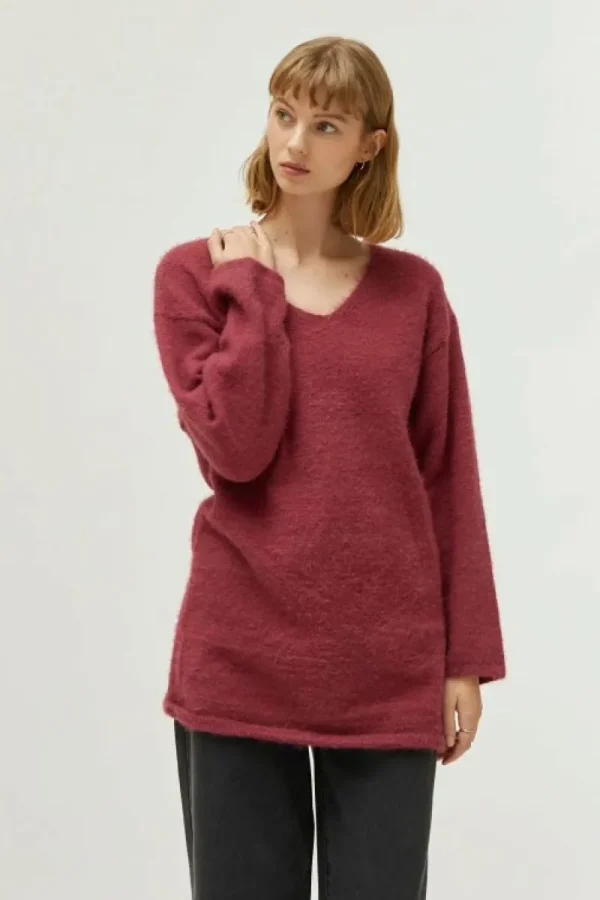 Jersey largo cuello pico marrón-COMPAÑIAFANTASTICA Sale