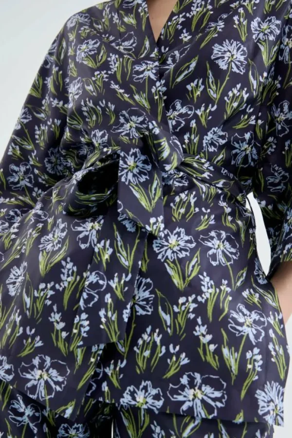 Kimono con cinturón y estampado floral azul-COMPAÑIAFANTASTICA Outlet