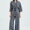 Kimono con cinturón y estampado floral azul-COMPAÑIAFANTASTICA Outlet