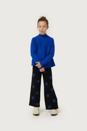 Pantalón de niña de punto jacquard estampado de lunares azules-MINI Outlet