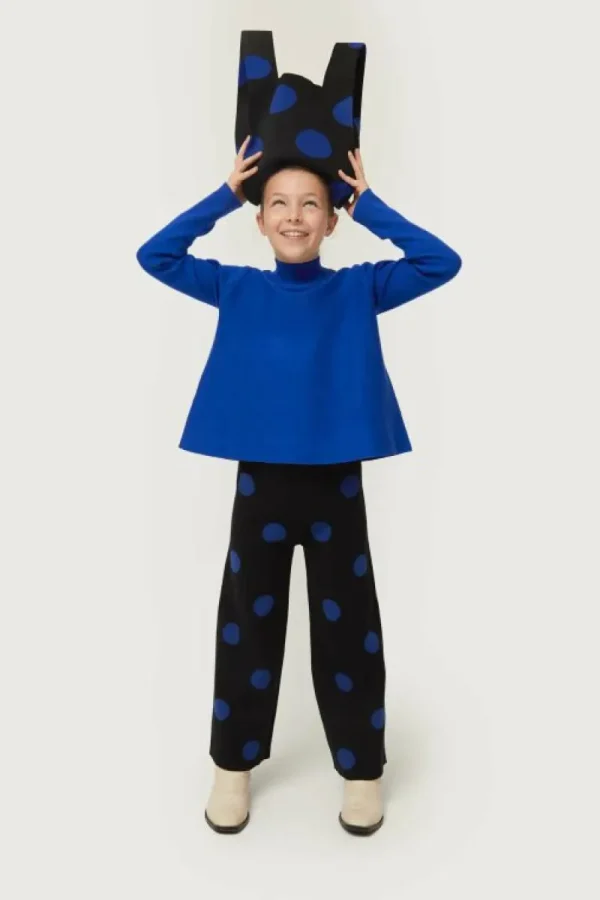 Pantalón de niña de punto jacquard estampado de lunares azules-MINI Outlet