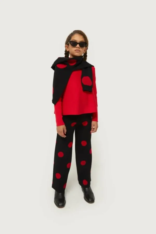 Pantalón de niña de punto jacquard estampado de lunares rojos-MINI Online