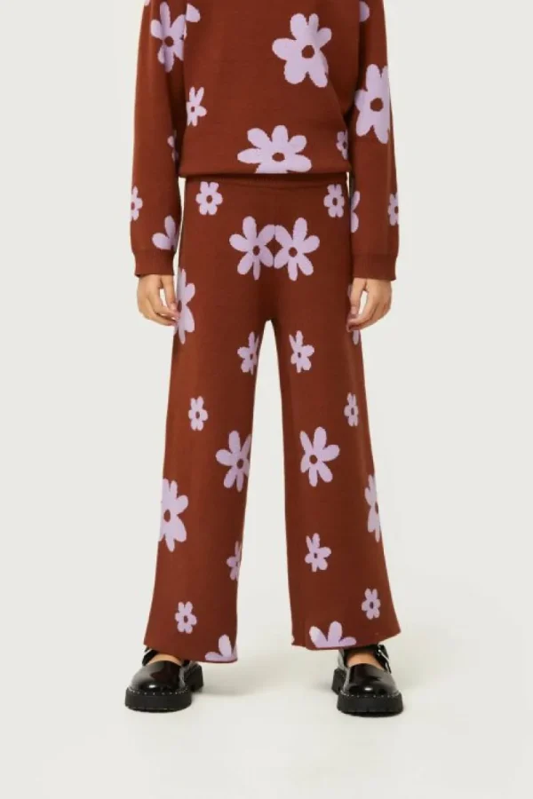 Pantalón de niña punto estampado flores marrón-MINI Hot