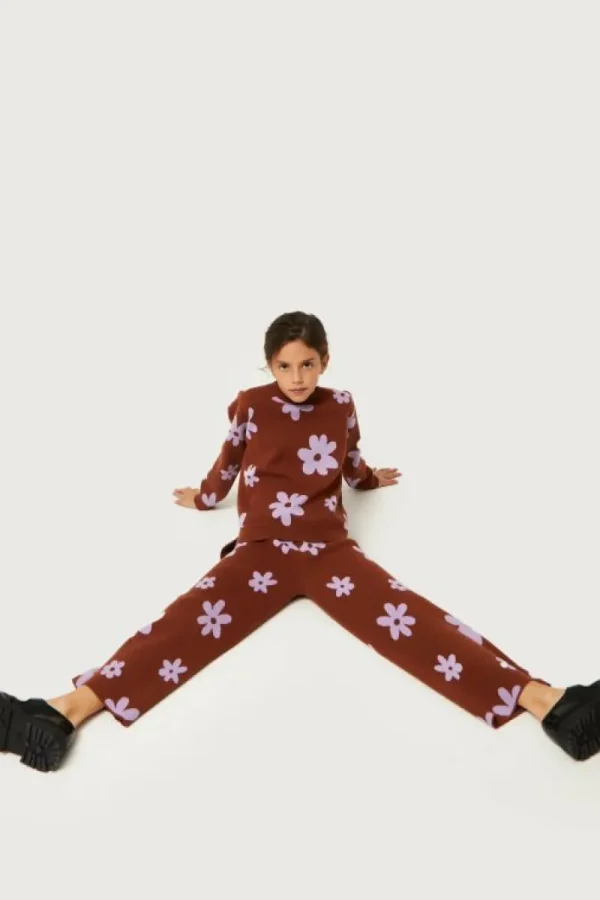 Pantalón de niña punto estampado flores marrón-MINI Hot