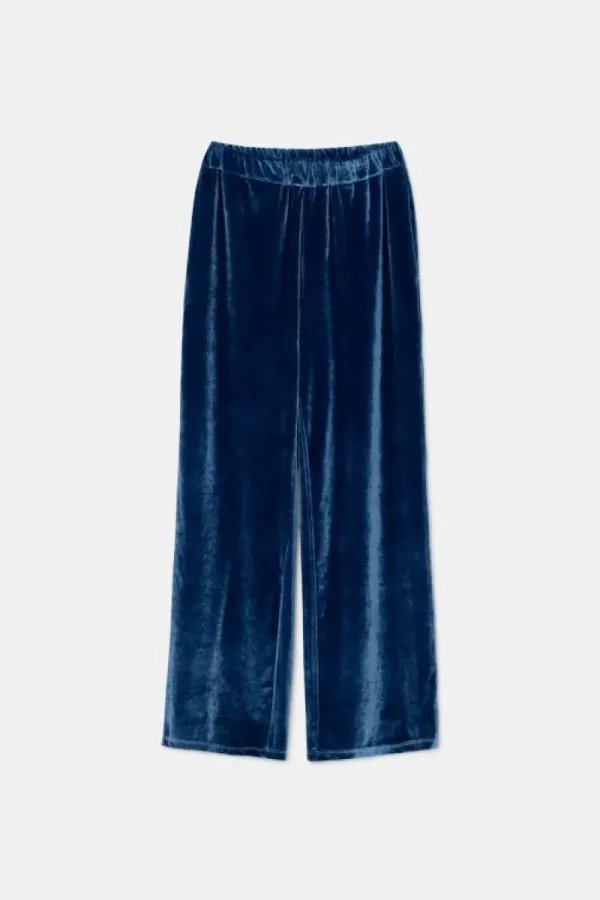 Pantalón largo elástico de terciopelo azul-COMPAÑIAFANTASTICA New