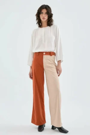 Pantalón largo en pana de tiro alto bicolor beige-COMPAÑIAFANTASTICA Flash Sale