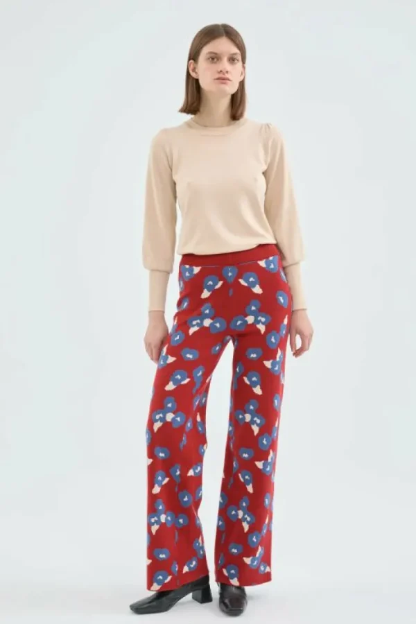 Pantalón largo recto de punto con estampado floral rojo-COMPAÑIAFANTASTICA Best Sale