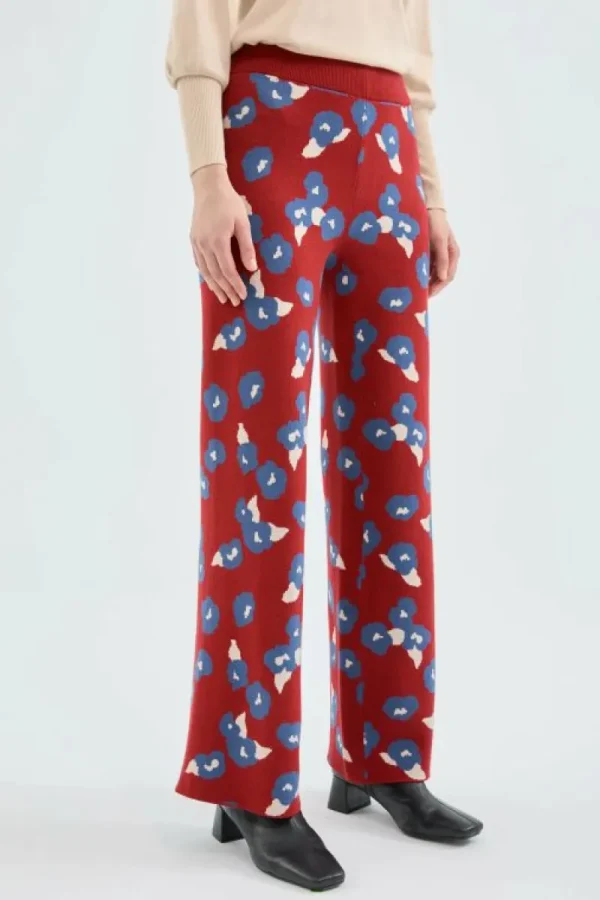 Pantalón largo recto de punto con estampado floral rojo-COMPAÑIAFANTASTICA Best Sale
