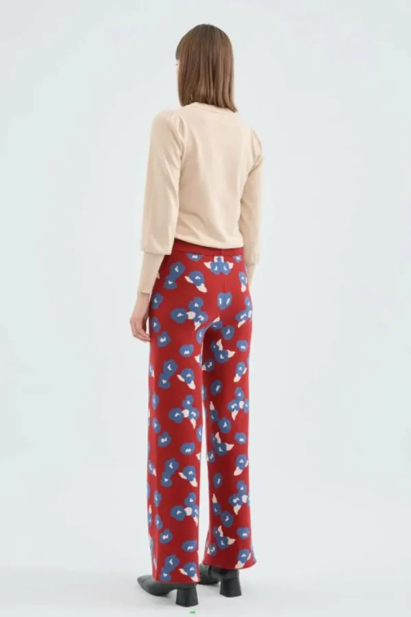 Pantalón largo recto de punto con estampado floral rojo-COMPAÑIAFANTASTICA Best Sale