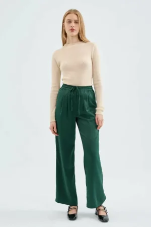 Pantalón satinado con cintura elástica verde-COMPAÑIAFANTASTICA Best