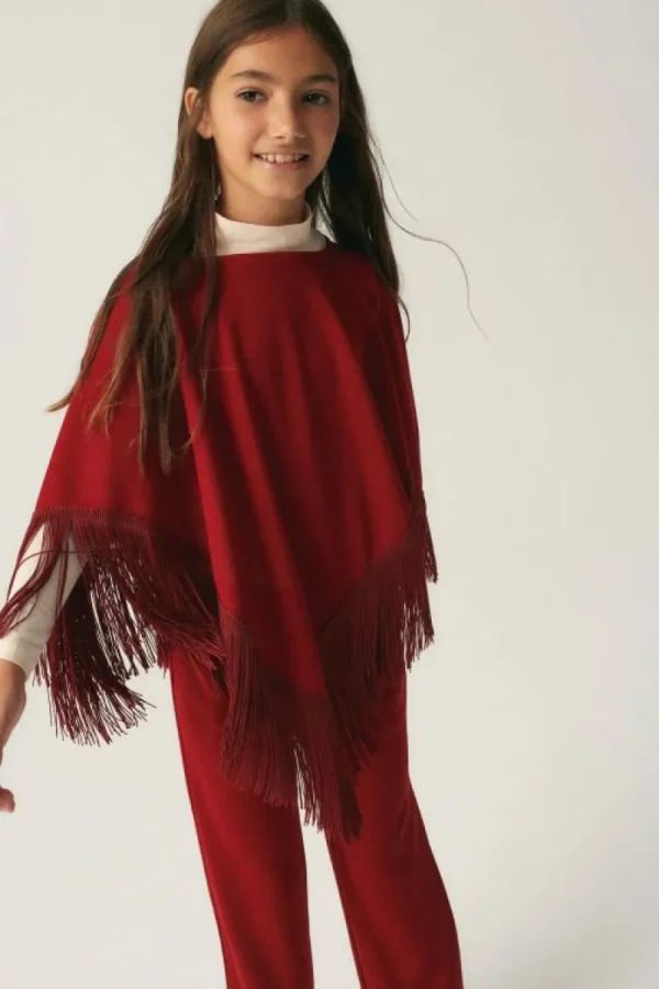 Poncho de niña con flecos granate-MINI Hot