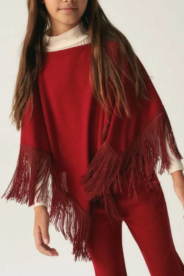 Poncho de niña con flecos granate-MINI Hot