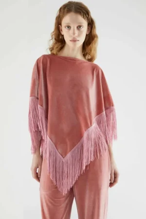 Poncho de terciopelo con flecos rosa-COMPAÑIAFANTASTICA Shop