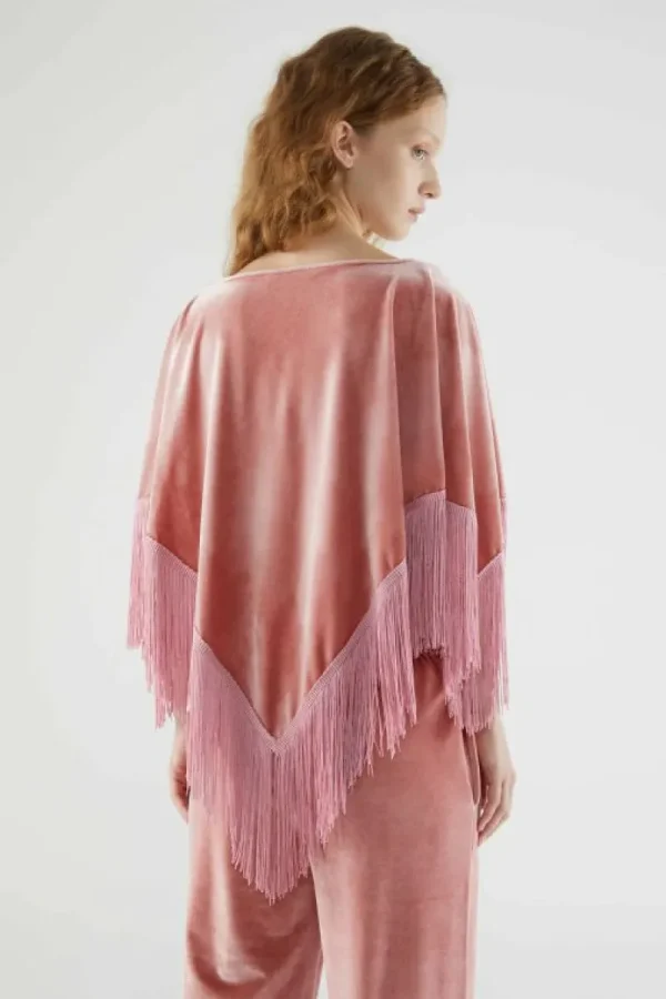 Poncho de terciopelo con flecos rosa-COMPAÑIAFANTASTICA Shop