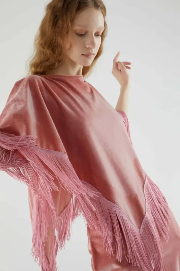 Poncho de terciopelo con flecos rosa-COMPAÑIAFANTASTICA Shop