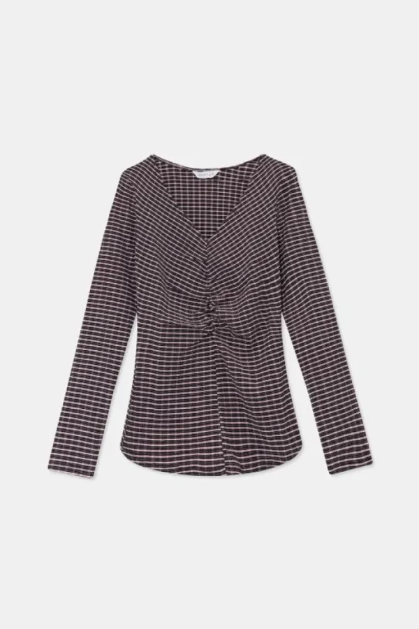 Top ajustado drapeado con estampado de cuadros rosas-COMPAÑIAFANTASTICA New