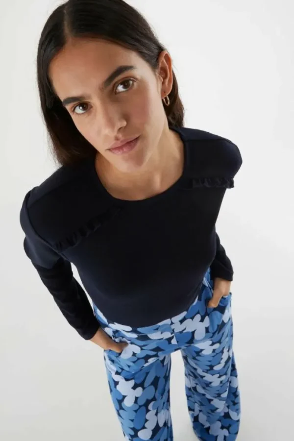 Top básico de manga larga con volantes azul-COMPAÑIAFANTASTICA Flash Sale