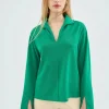 Top de manga larga con cuello solapa verde-COMPAÑIAFANTASTICA Discount