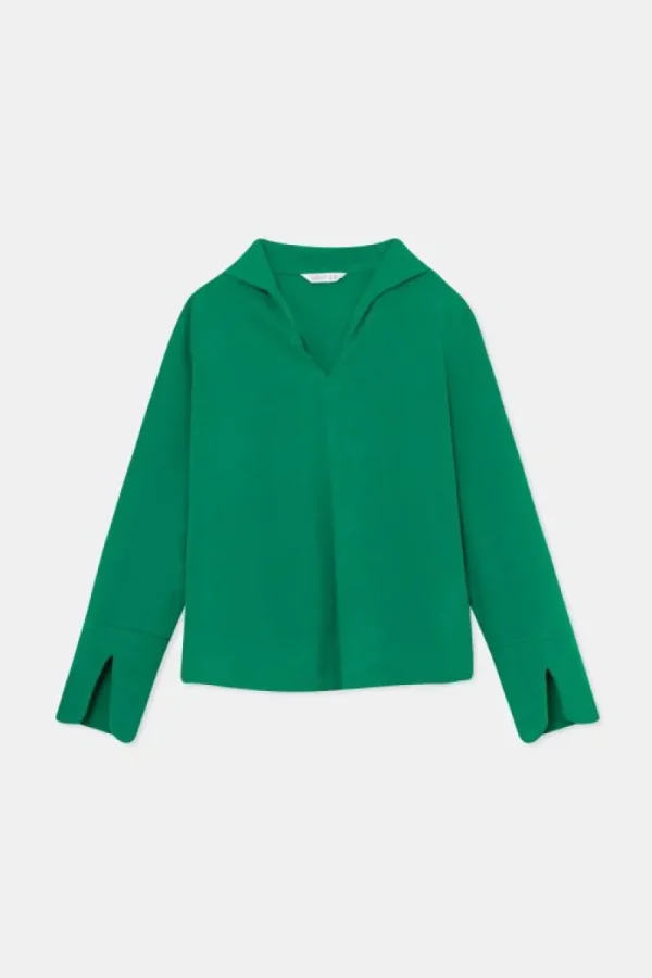 Top de manga larga con cuello solapa verde-COMPAÑIAFANTASTICA Discount