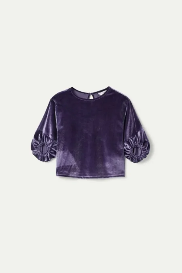 Top de niña de terciopelo manga abullonada morado-MINI Best Sale