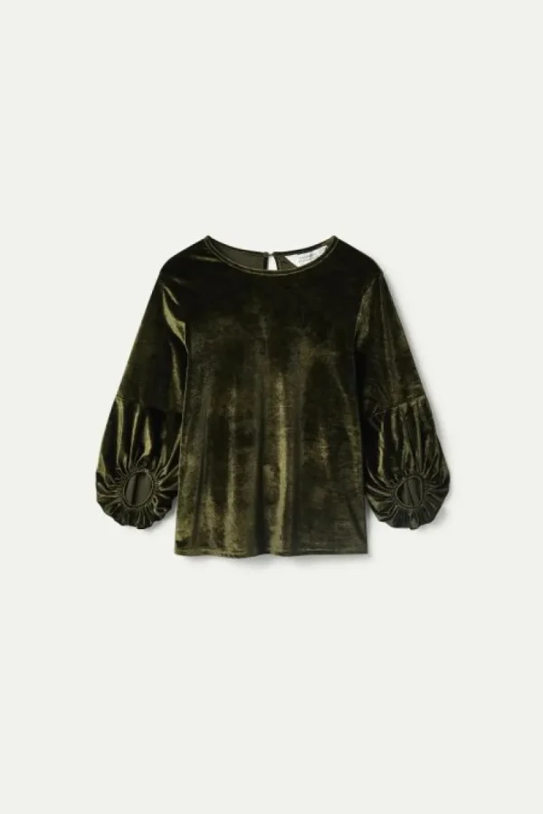 Top de terciopelo manga abullonada verde-COMPAÑIAFANTASTICA Discount