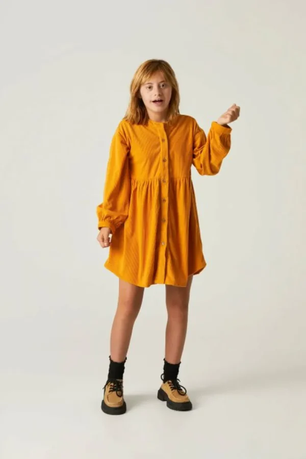 Vestido camisero de niña corto de pana amarillo-MINI Fashion