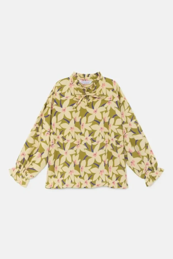 Vestido corto camisero de niña con estampado floral verde-MINI Fashion