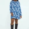 Vestido corto con manga larga y estampado abstracto azul-COMPAÑIAFANTASTICA Online