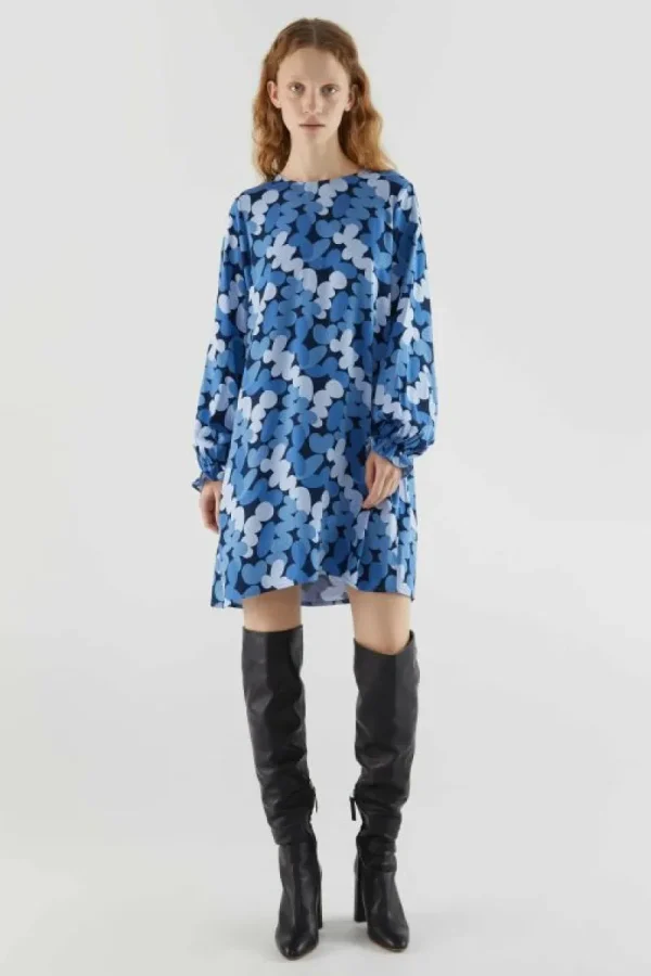 Vestido corto con manga larga y estampado abstracto azul-COMPAÑIAFANTASTICA Online