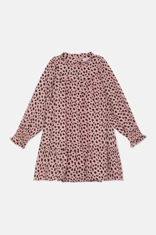 Vestido corto de niña con volantes y estampado de lunares rosa-MINI Outlet