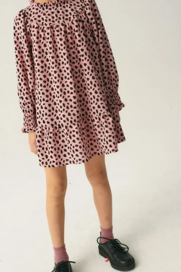 Vestido corto de niña con volantes y estampado de lunares rosa-MINI Outlet