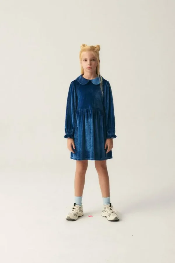 Vestido corto de niña en terciopelo azul-MINI Clearance