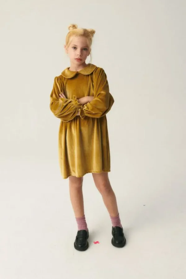 Vestido corto de niña en terciopelo amarillo-MINI New