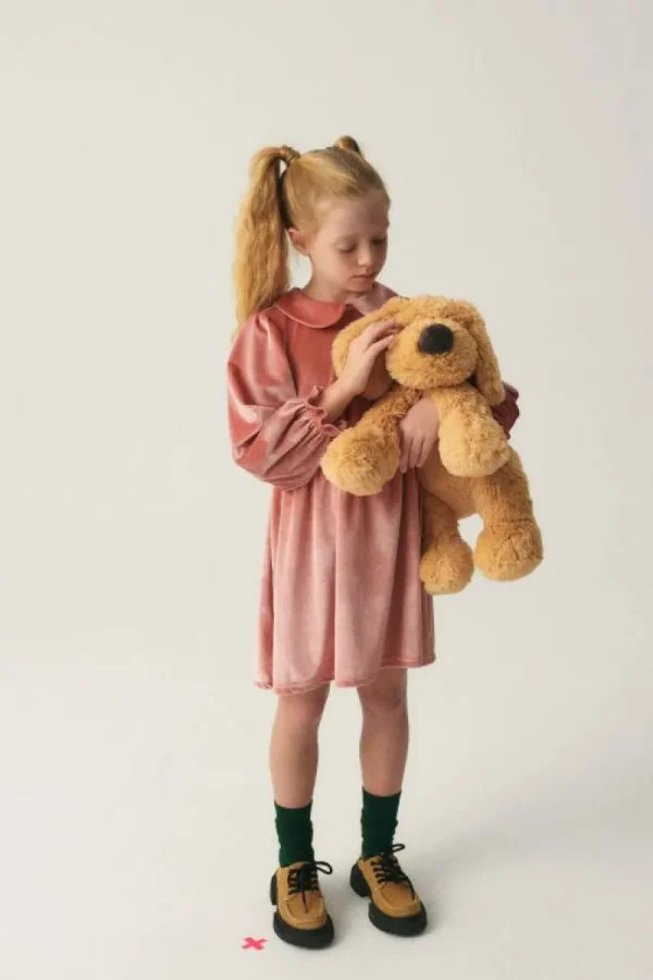 Vestido corto de niña en terciopelo rosa-MINI Best Sale