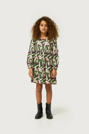 Vestido corto de niña estampado geométrico verde-MINI Outlet