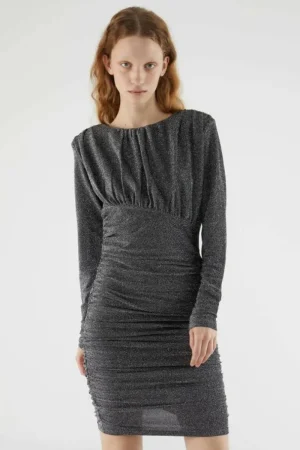 Vestido corto fruncido en hilo de lúrex plateado-COMPAÑIAFANTASTICA Cheap