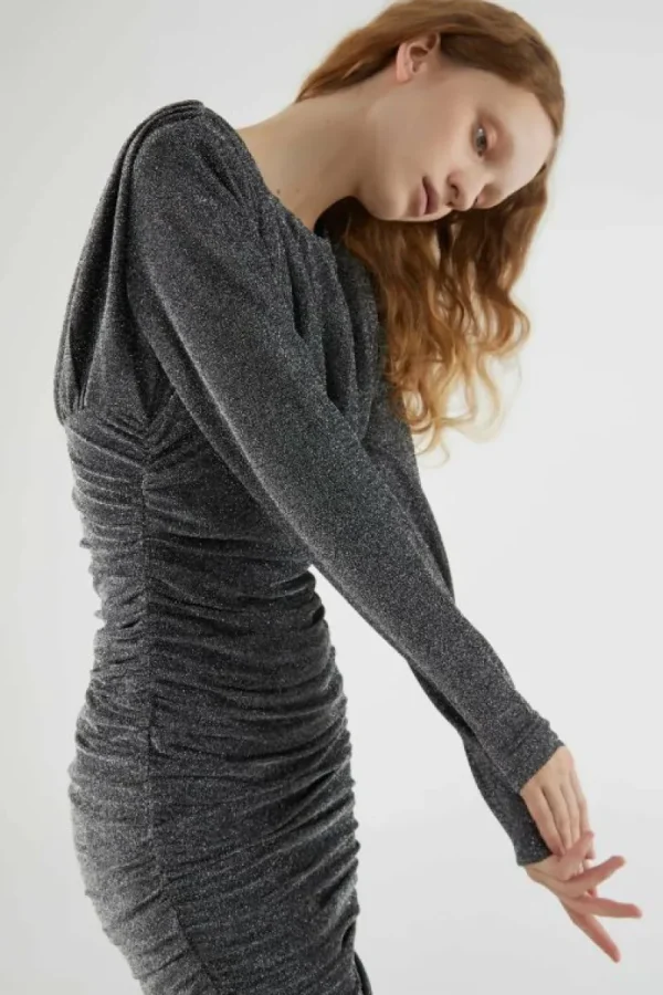 Vestido corto fruncido en hilo de lúrex plateado-COMPAÑIAFANTASTICA Cheap