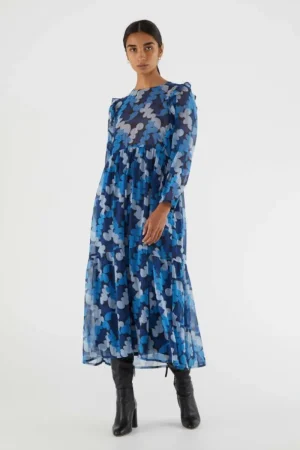 Vestido midi con volantes y estampado abstracto azul-COMPAÑIAFANTASTICA Best Sale