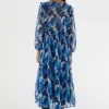 Vestido midi con volantes y estampado abstracto azul-COMPAÑIAFANTASTICA Best Sale