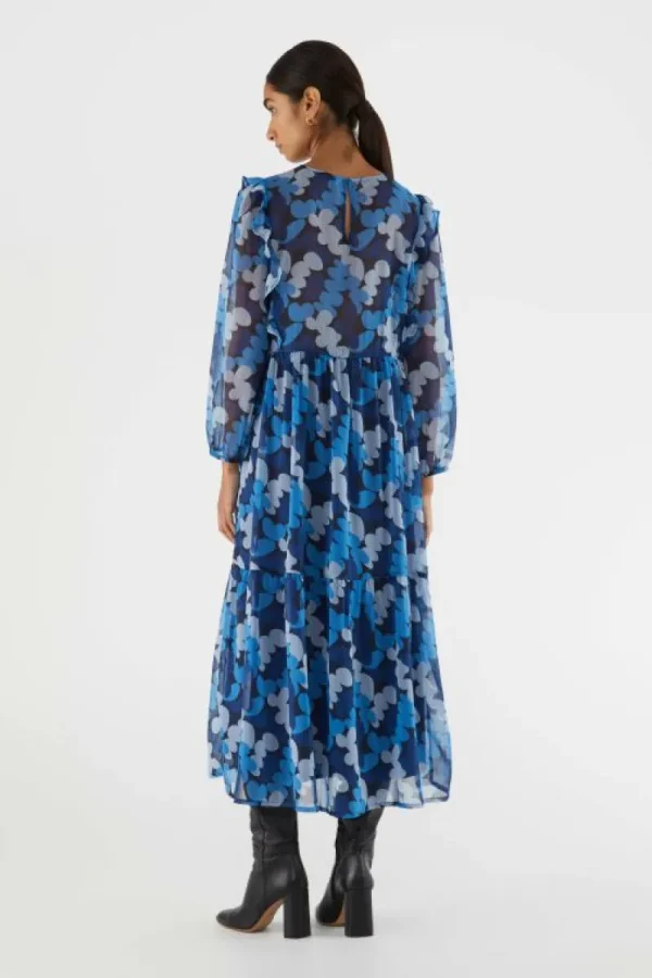 Vestido midi con volantes y estampado abstracto azul-COMPAÑIAFANTASTICA Best Sale