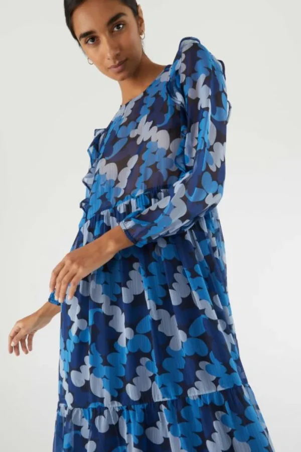 Vestido midi con volantes y estampado abstracto azul-COMPAÑIAFANTASTICA Best Sale